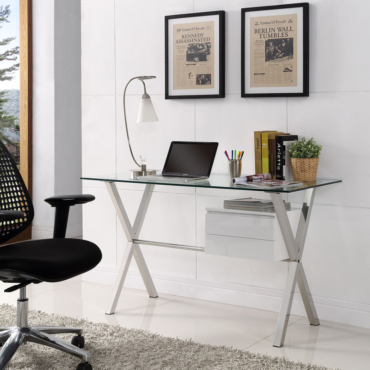 Stasis Office Desk, White Glass