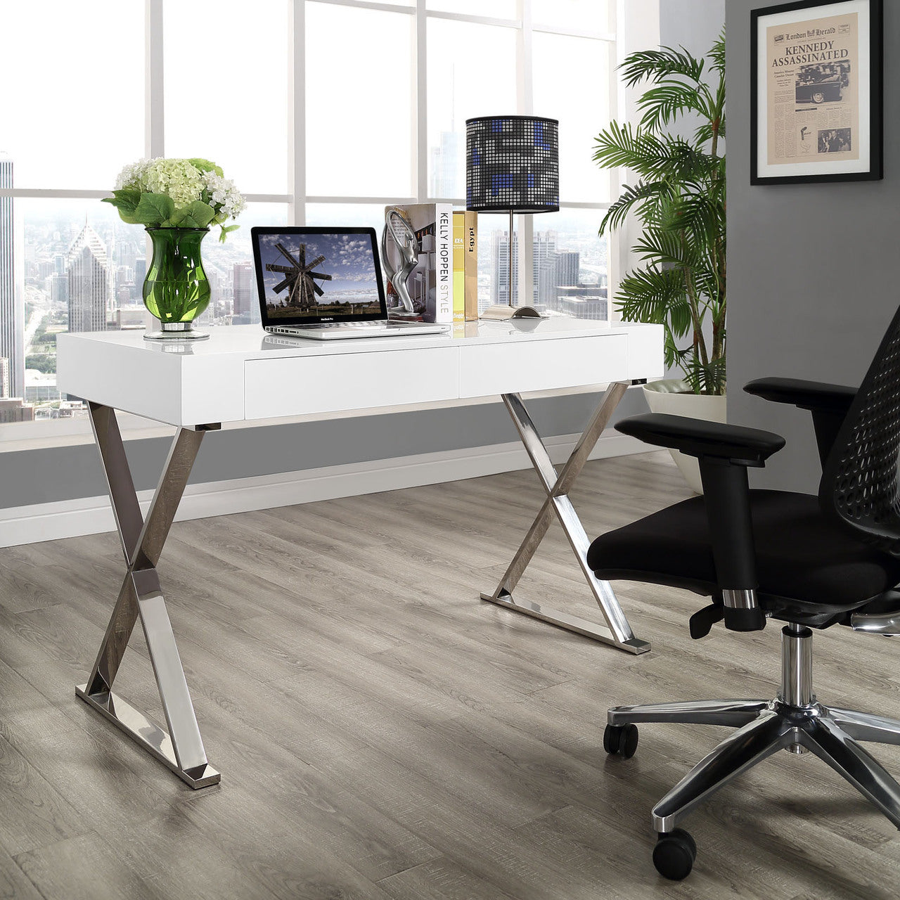 Sector Office Desk, White Wood