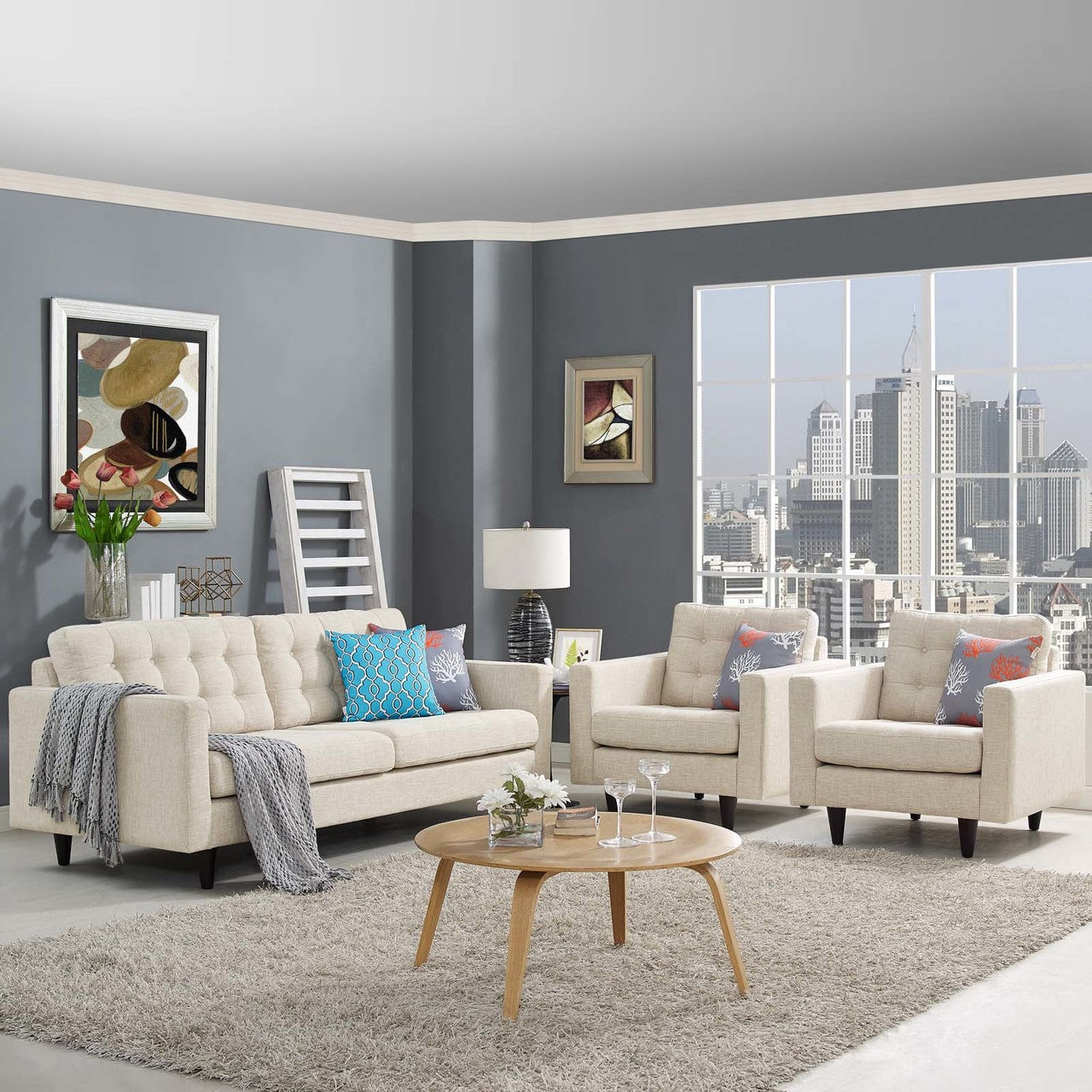 Empress Sofa and Armchairs Set of 3, Fabric, Beige 13247
