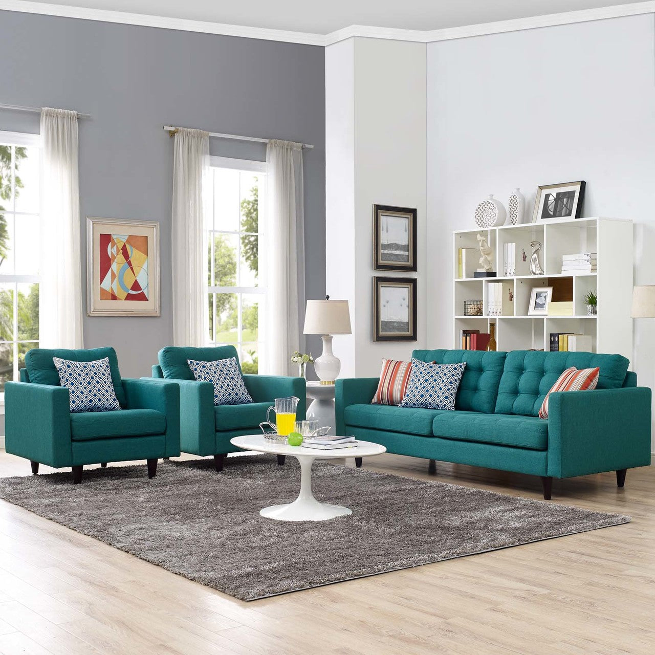 Empress Sofa and Armchairs Set of 3, Fabric, Aqua Blue 13248