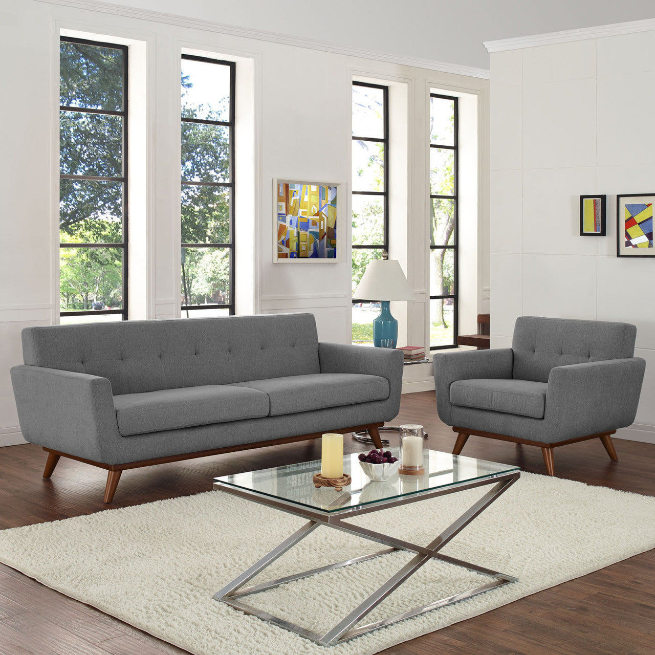 Engage Armchair and Sofa Set of 2, Grey Fabric