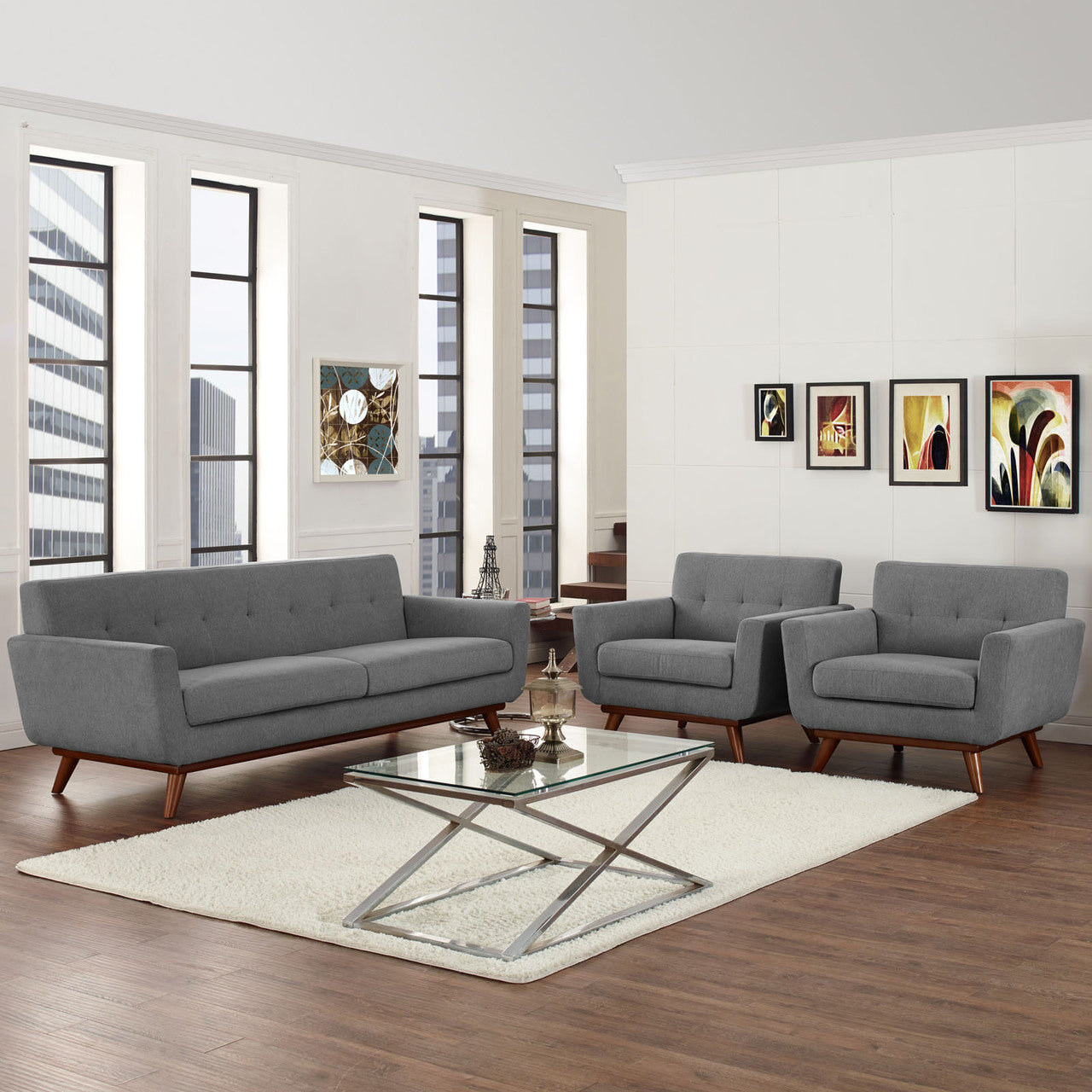 Engage Armchairs and Sofa Set of 3, Grey Fabric