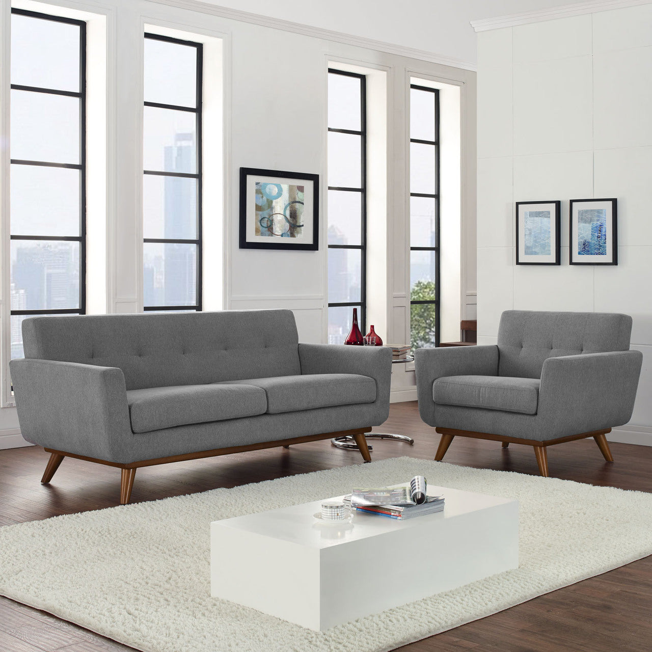 Engage Armchair and Loveseat Set of 2, Grey Fabric