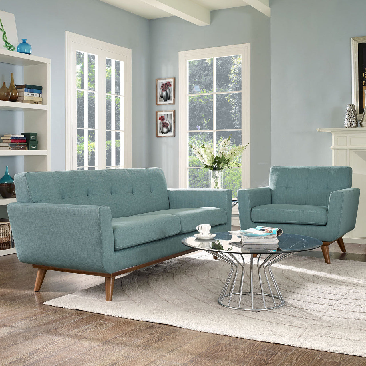 Engage Armchair and Loveseat Set of 2, Blue Fabric
