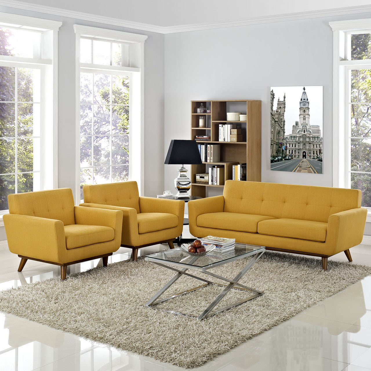 Engage Armchairs and Loveseat Set of 3, Orange Fabric