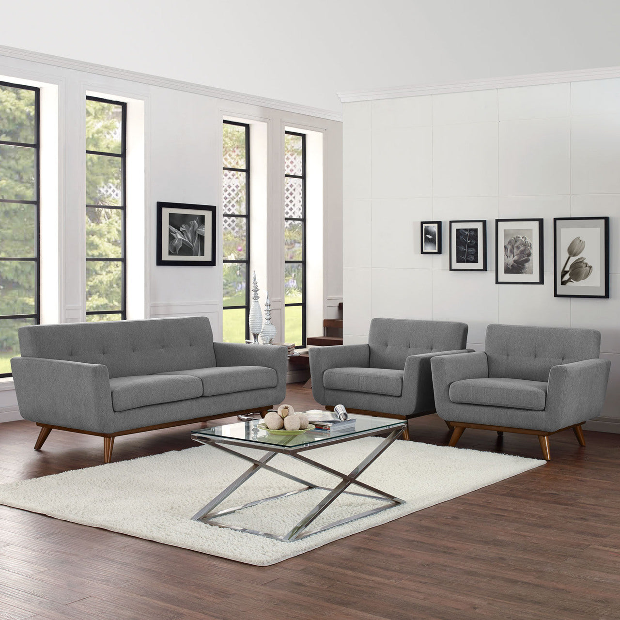Engage Armchairs and Loveseat Set of 3, Grey Fabric