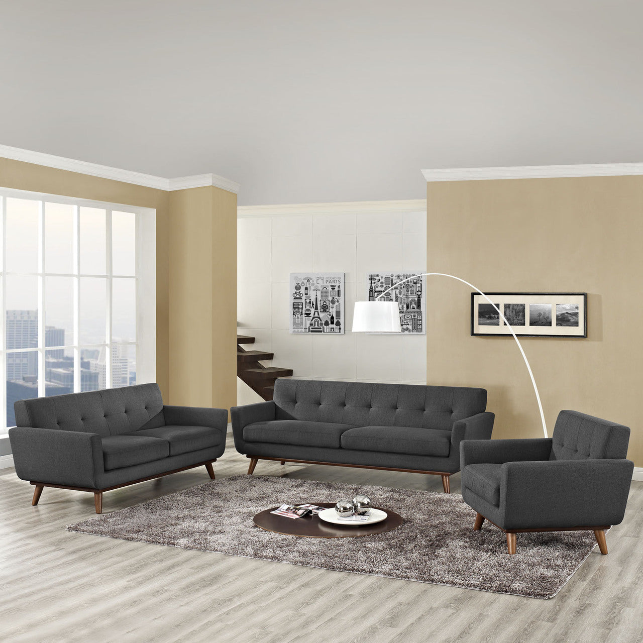 Engage Sofa Loveseat and Armchair Set of 3 in Gray