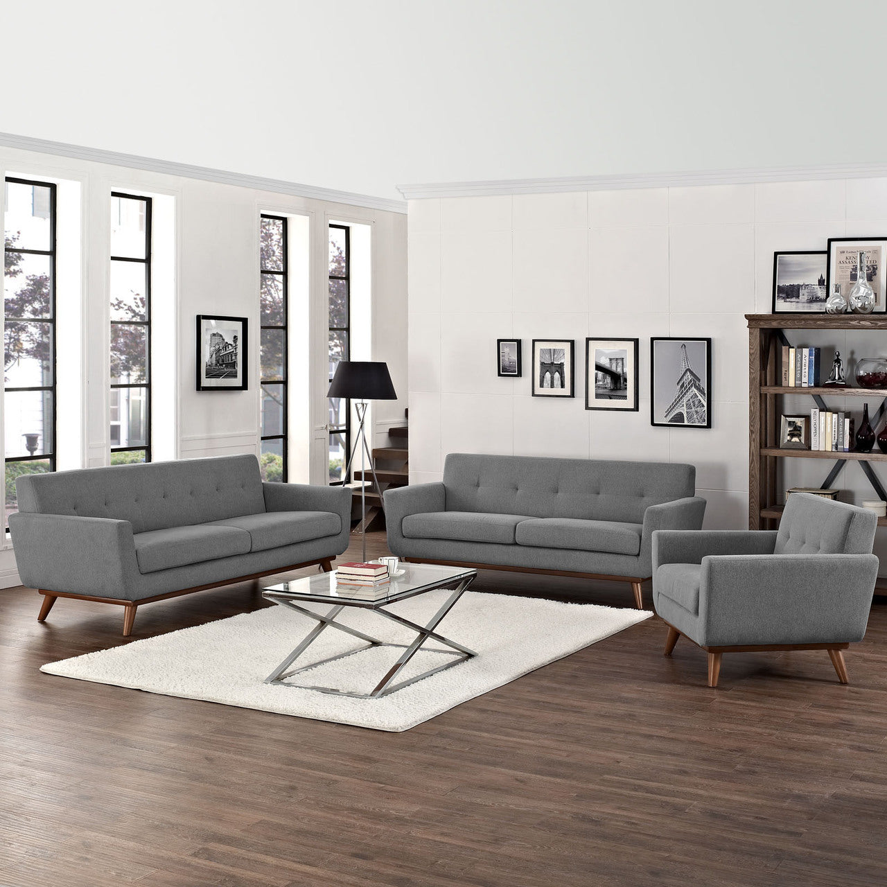 Engage Sofa Loveseat and Armchair Set of 3, Grey Fabric