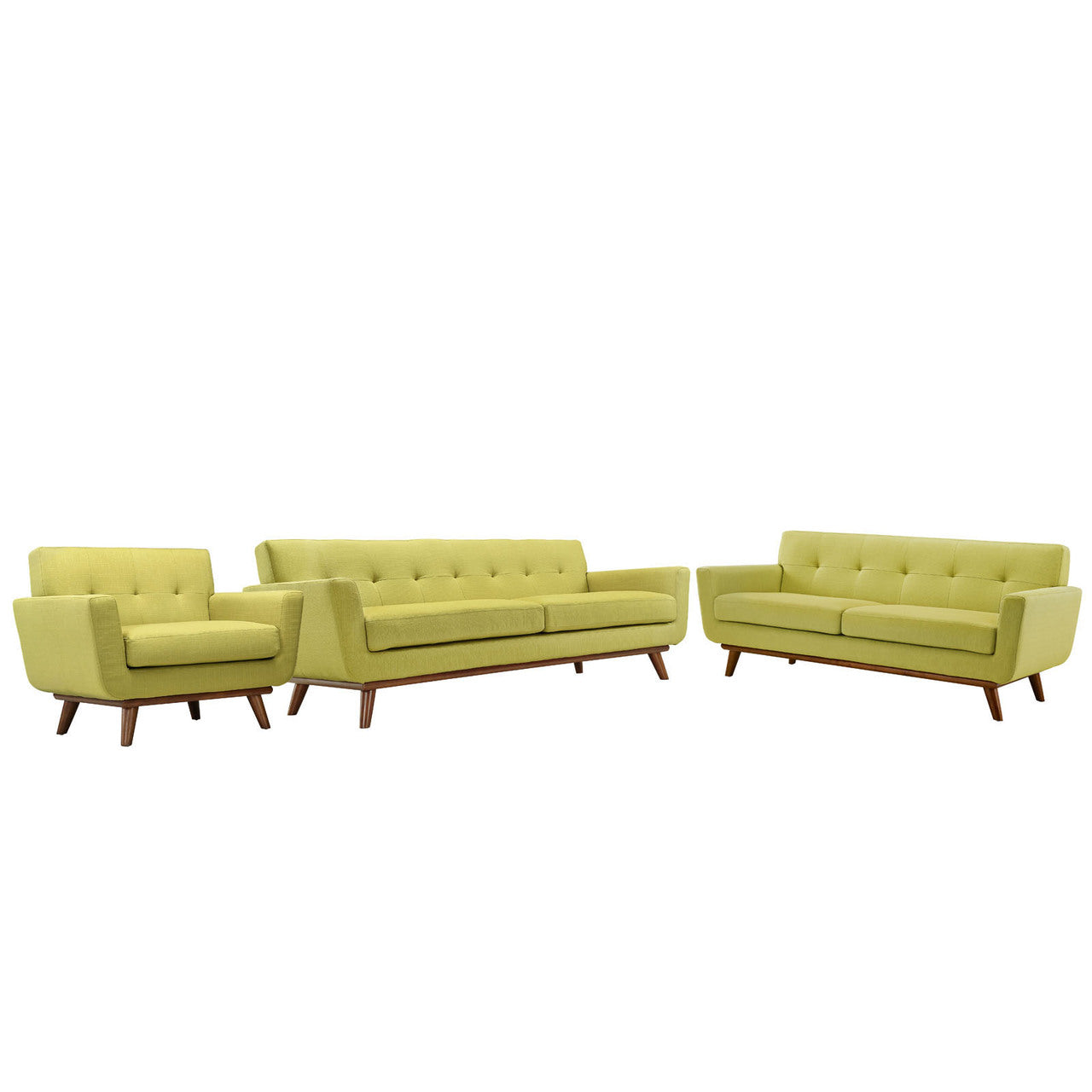 Engage Sofa Loveseat and Armchair Set of 3, Green Fabric