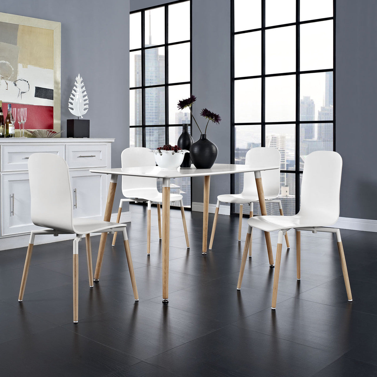 Stack Wood Dining Chairs and Table Set of 5 in White