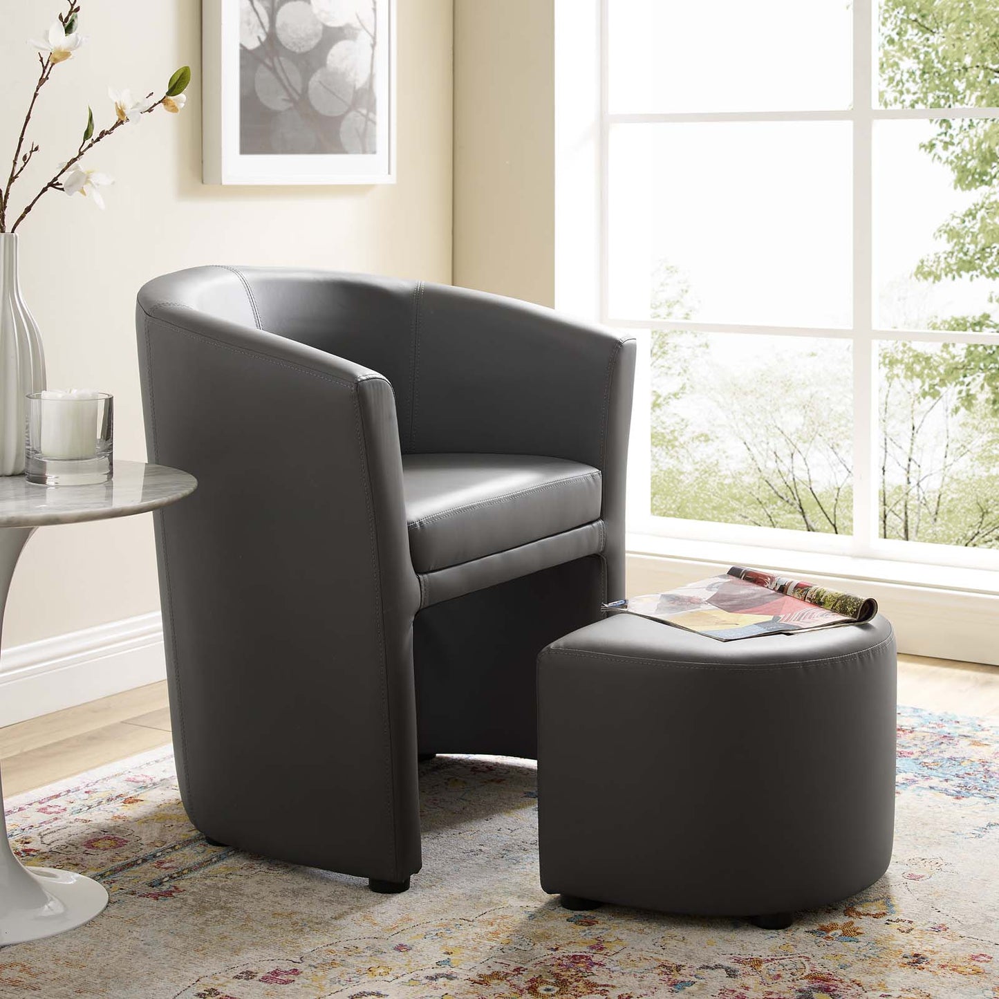 Divulge Armchair and Ottoman, Faux Leather, Grey Gray, 18093