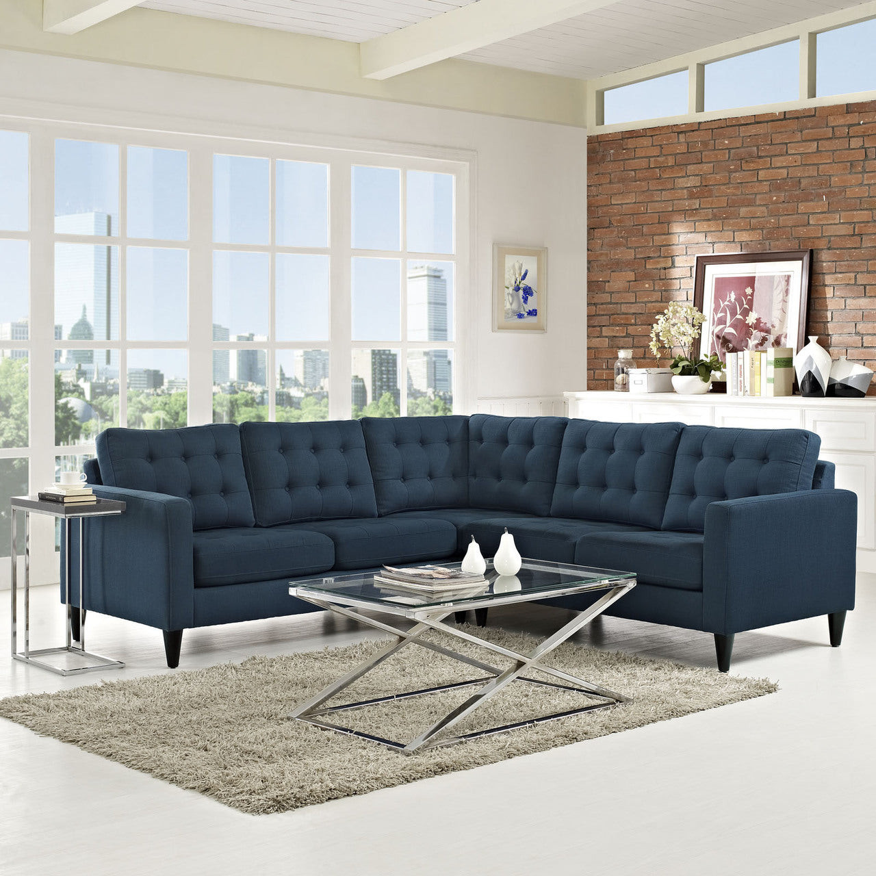 Empress 3 Piece Fabric Sectional Sofa Set, Navy Fabric