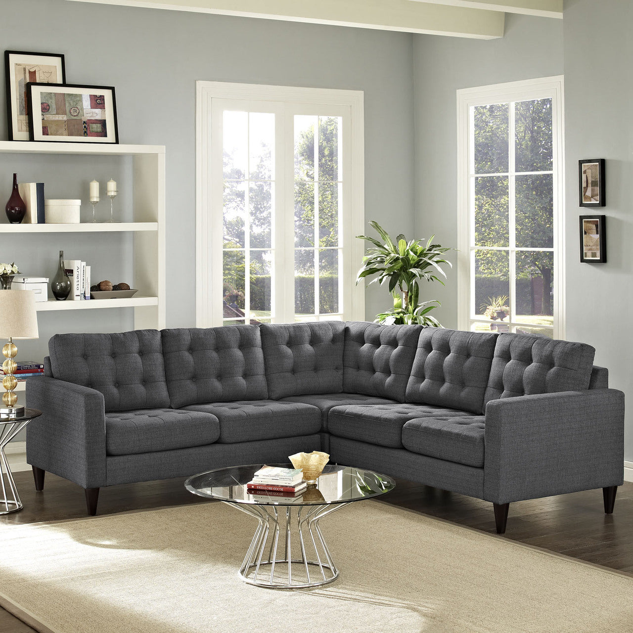 Empress 3 Piece Fabric Sectional Sofa Set, Grey Fabric