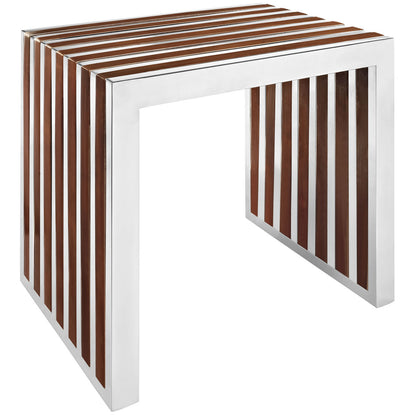 Gridiron Small Wood Inlay Bench, Brown Metal