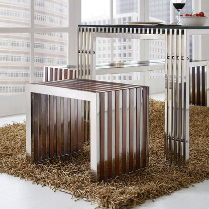 Gridiron Small Wood Inlay Bench, Brown Metal