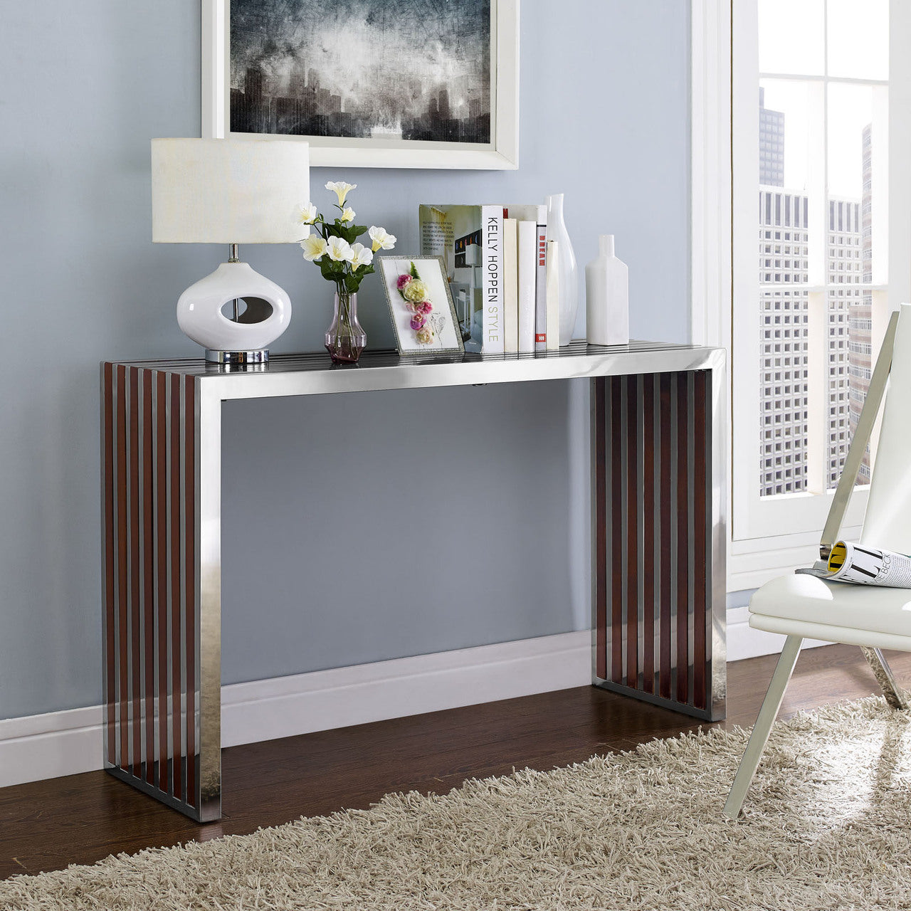 Gridiron Wood Inlay Console Table in Walnut