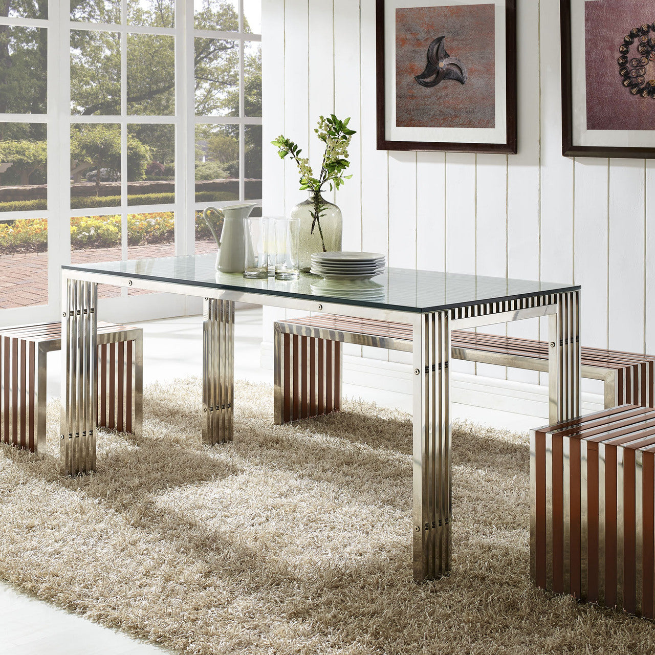 Gridiron Stainless Steel Dining Table in Silver EEI-1434-SLV