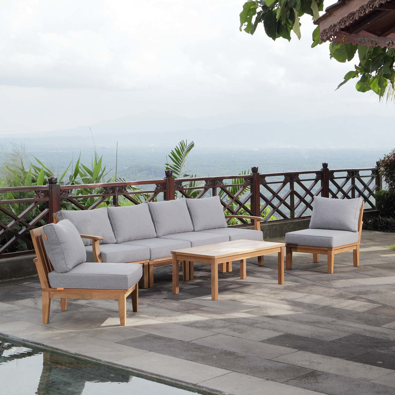 Marina 7 Piece Outdoor Patio Teak Set, Wood, Grey Gray Natural 13268