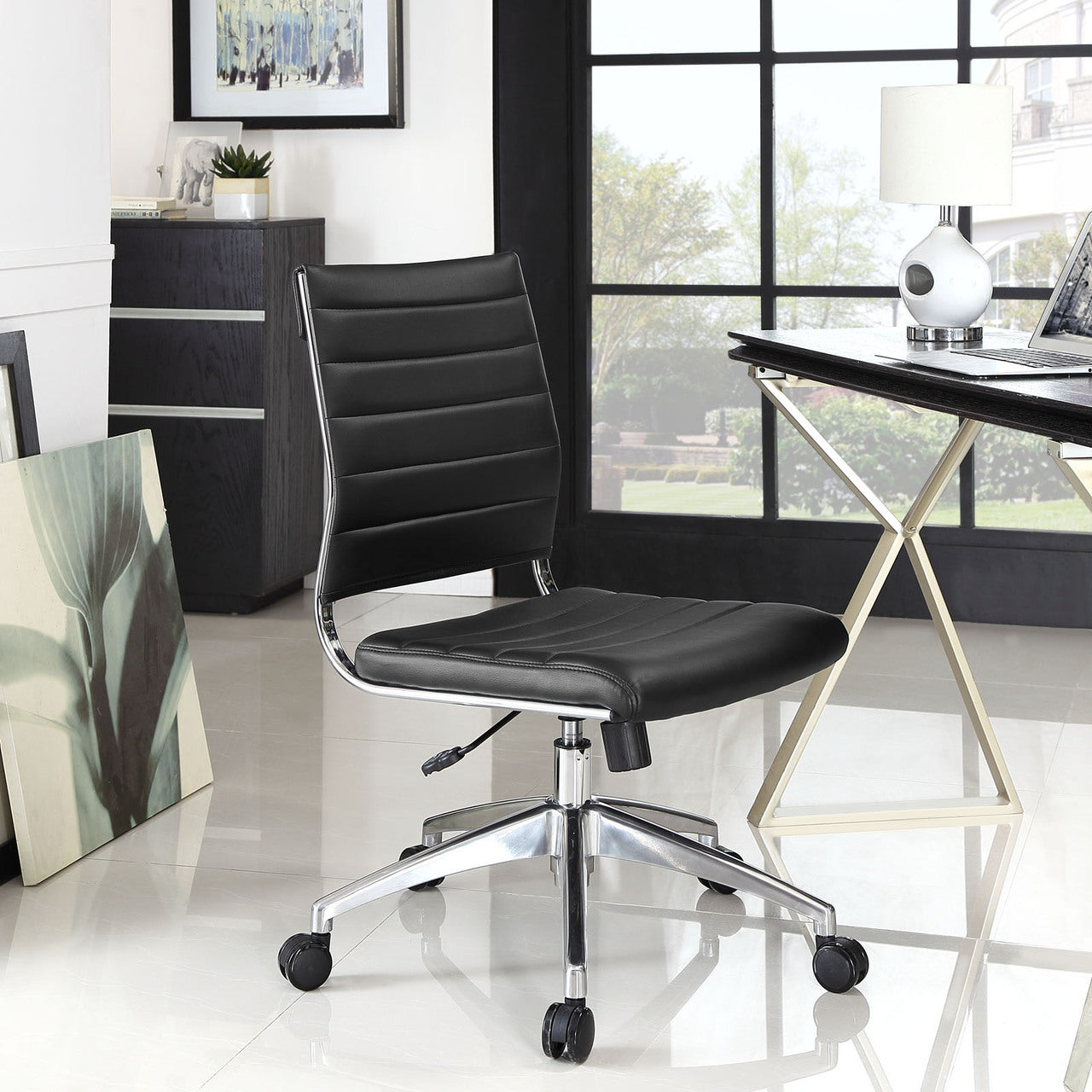 Jive Armless Mid Back Office Chair, Black Faux Leather