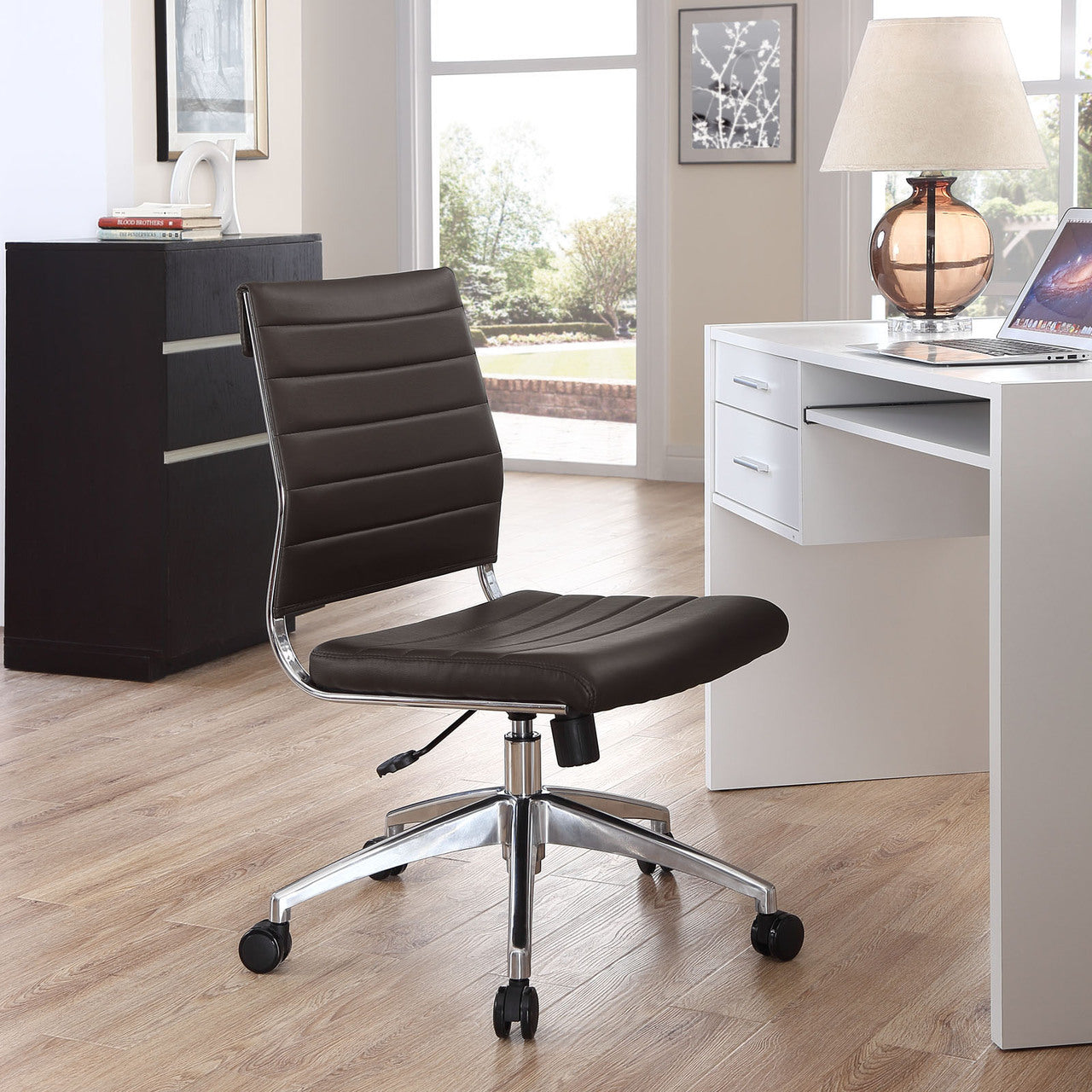 Jive Armless Mid Back Office Chair, Brown Faux Leather