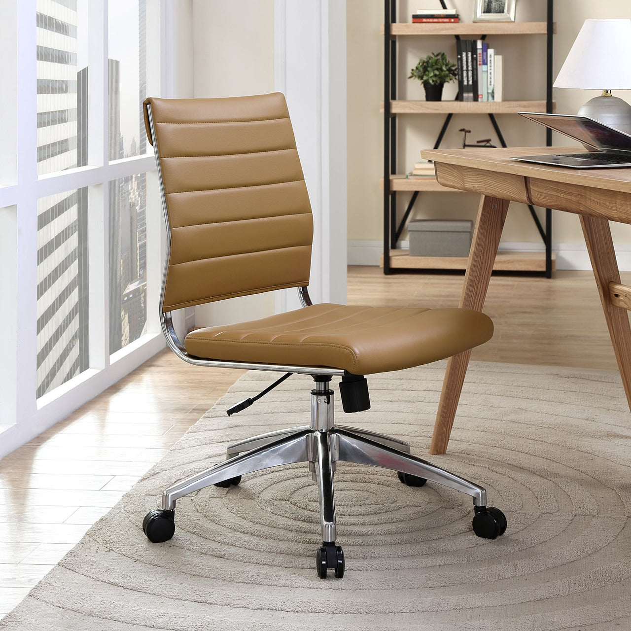 Jive Armless Mid Back Office Chair, Tan Faux Leather