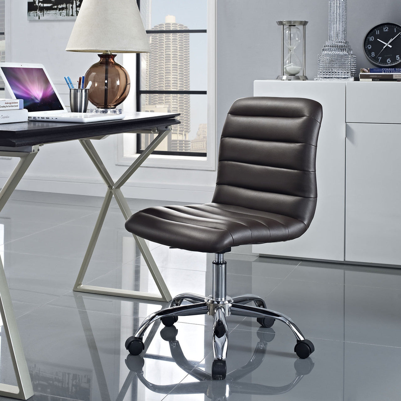 Ripple Mid Back Office Chair, Brown Faux Leather