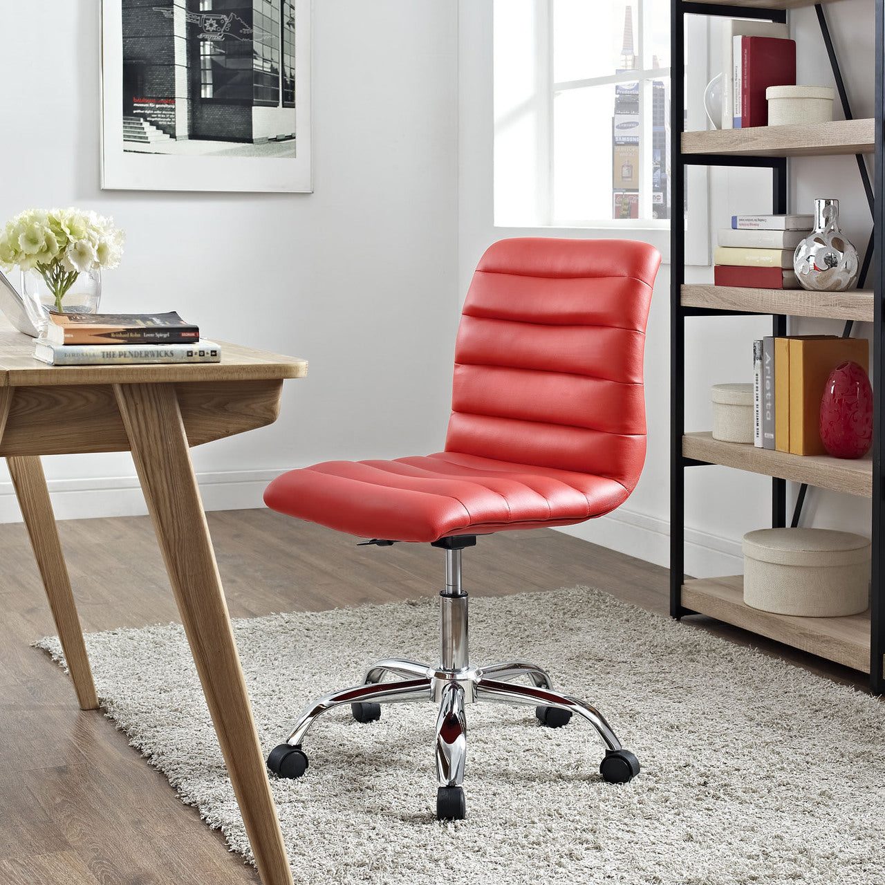 Ripple Mid Back Office Chair, Red Faux Leather