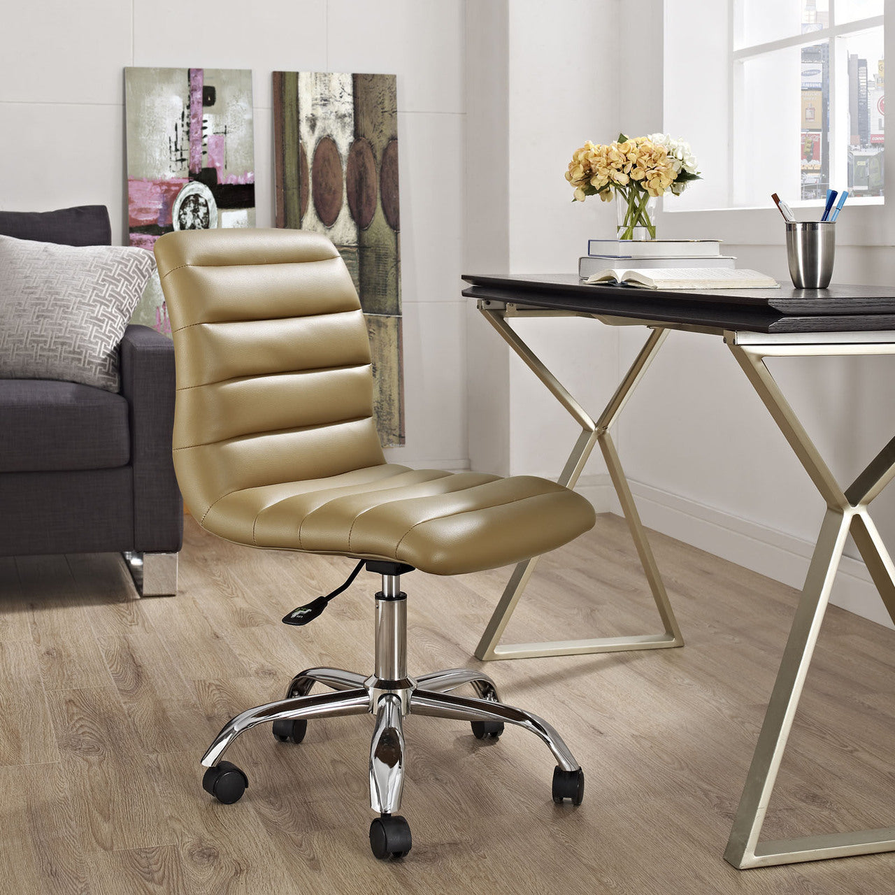 Ripple Mid Back Office Chair, Tan Faux Leather