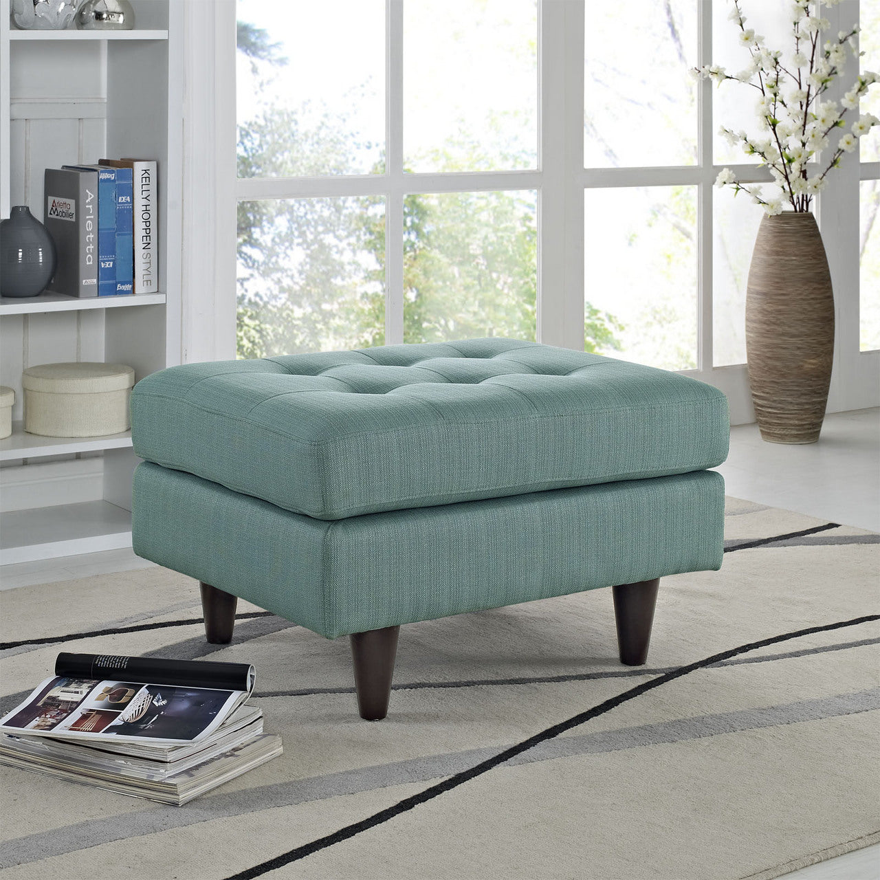 Empress Upholstered Ottoman, Blue Fabric