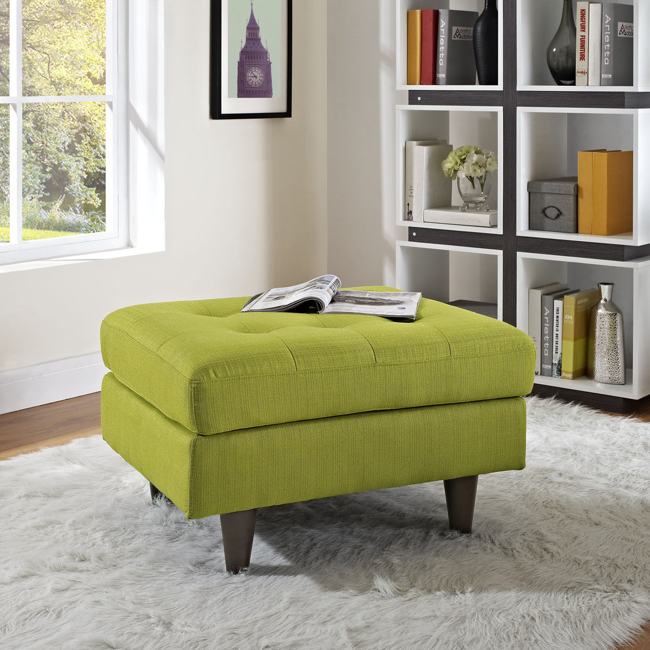 Empress Upholstered Ottoman, Green Fabric