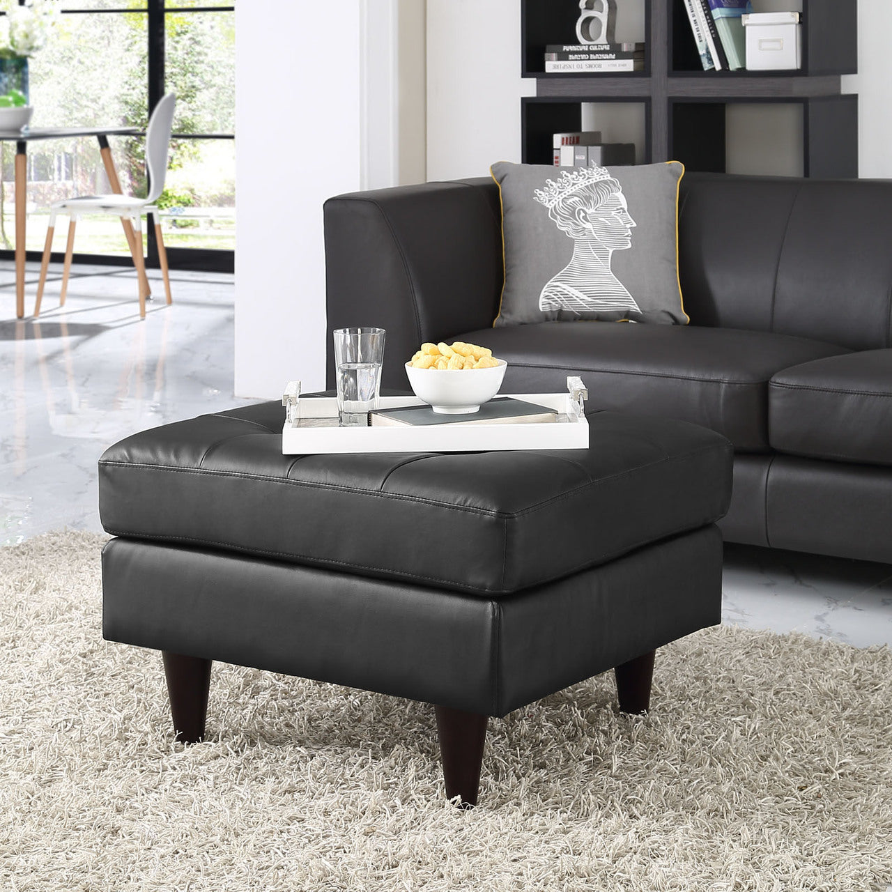 Empress Leather Ottoman, Black Leather