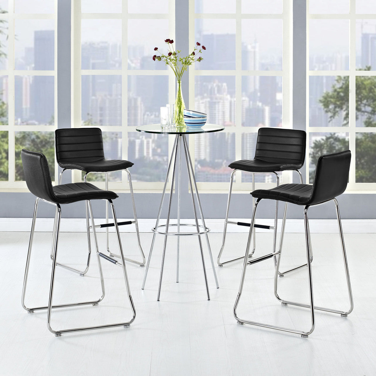 Dive Bar Stool Set of 4, Black Faux Leather