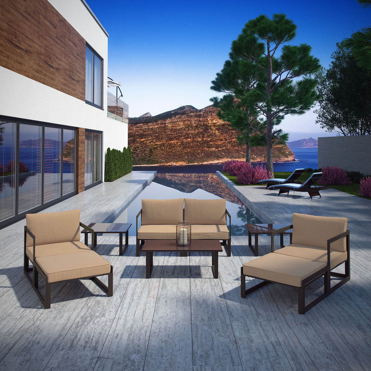 Fortuna 9 Pcs Outdoor Patio Sectional Sofa Set, Brown Fabric Steel