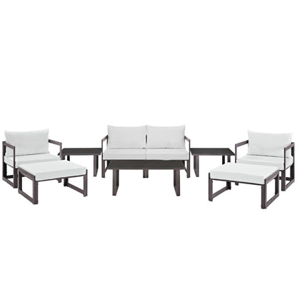 Fortuna 9 Pcs Outdoor Patio Sectional Sofa Set, Brown White Fabric Steel