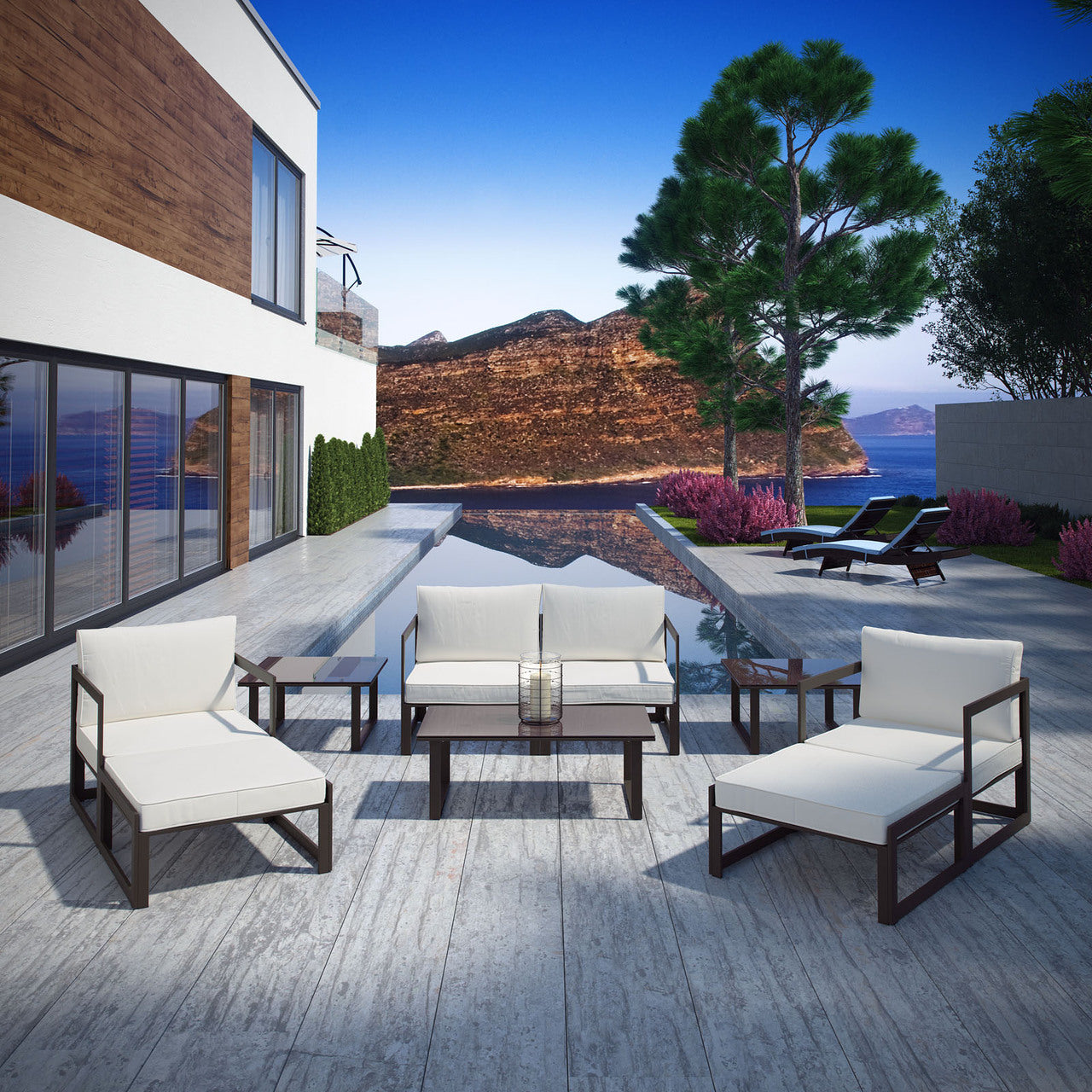 Fortuna 9 Pcs Outdoor Patio Sectional Sofa Set, Brown White Fabric Steel