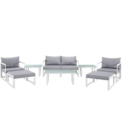 Fortuna 9 Pcs Outdoor Patio Sectional Sofa Set, White Grey Fabric Steel