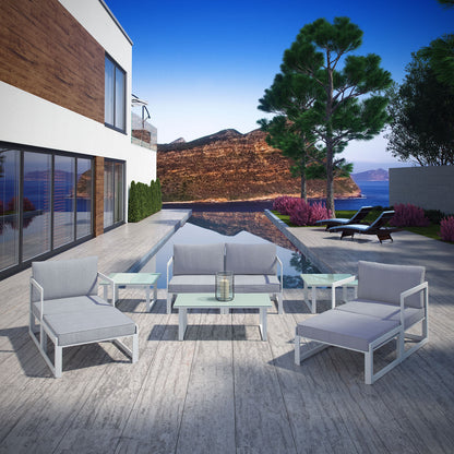 Fortuna 9 Pcs Outdoor Patio Sectional Sofa Set, White Grey Fabric Steel
