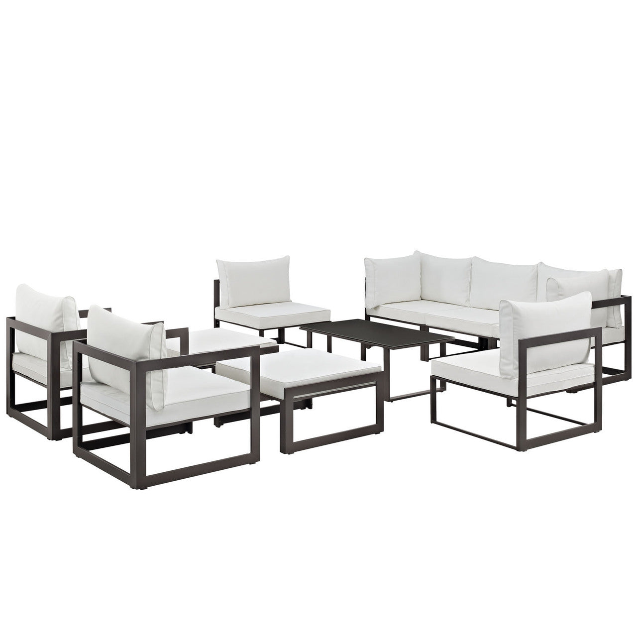 Fortuna 10 Piece Outdoor Patio Sectional Sofa Set, Brown White Fabric Steel