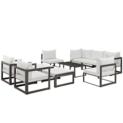 Fortuna 10 Piece Outdoor Patio Sectional Sofa Set, Brown White Fabric Steel
