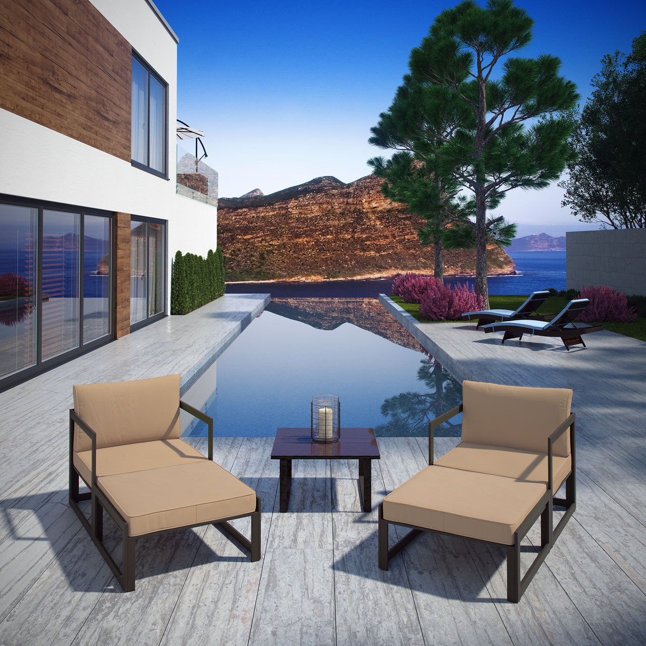 Fortuna 5 Pcs Outdoor Patio Sectional Sofa Set, Brown Fabric Steel