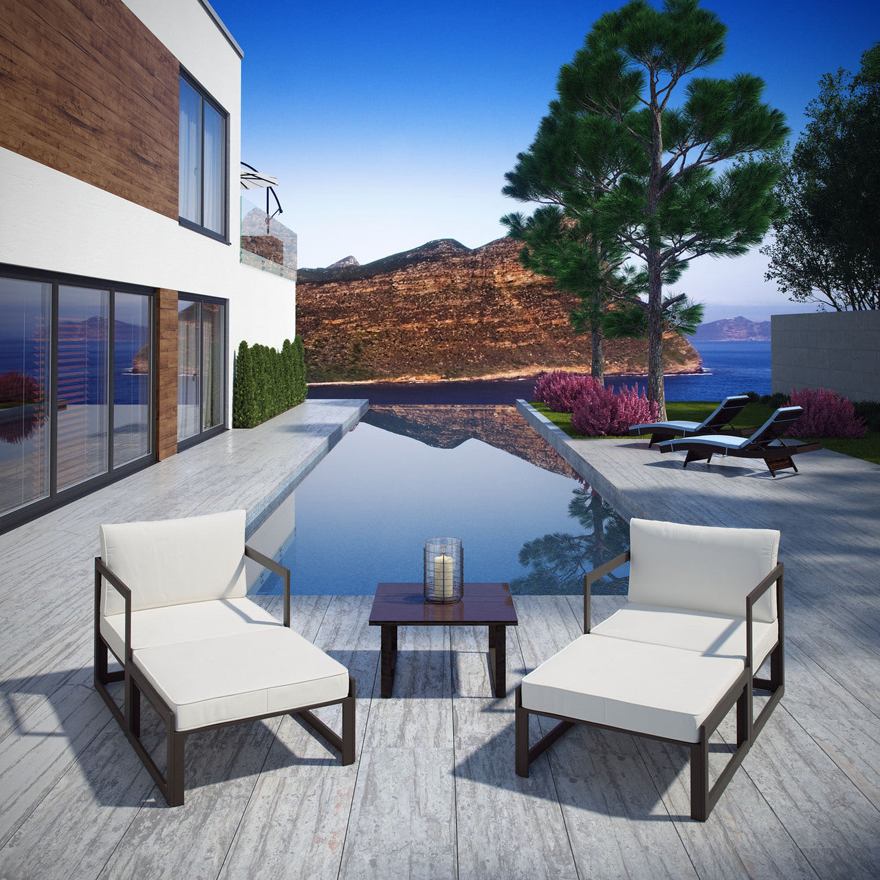 Fortuna 5 Pcs Outdoor Patio Sectional Sofa Set, Brown White Fabric Steel