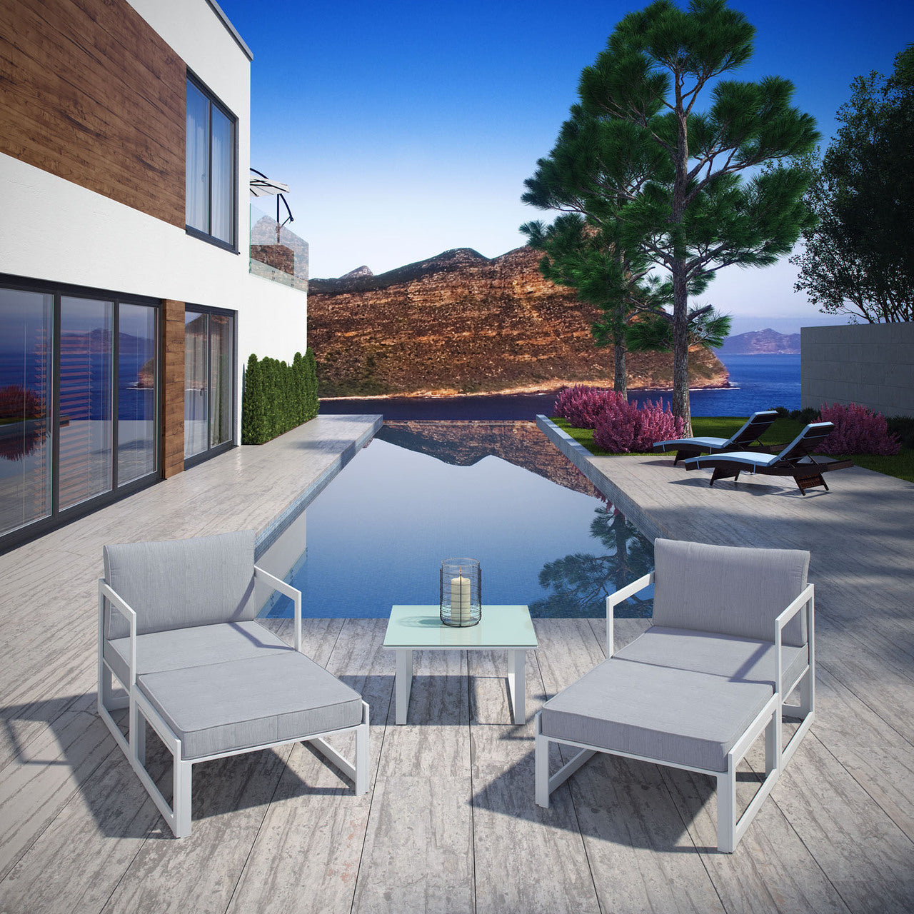 Fortuna 5 Pcs Outdoor Patio Sectional Sofa Set, White Grey Fabric Steel