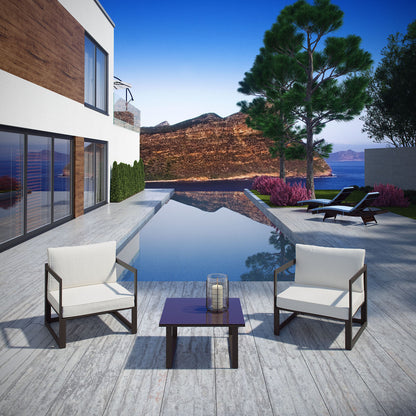 Fortuna 3 Piece Outdoor Patio Sectional Sofa Set, Brown White Fabric Steel
