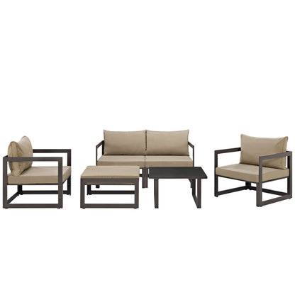 Fortuna 6 Pcs Outdoor Patio Sectional Sofa Set, Brown Fabric Steel