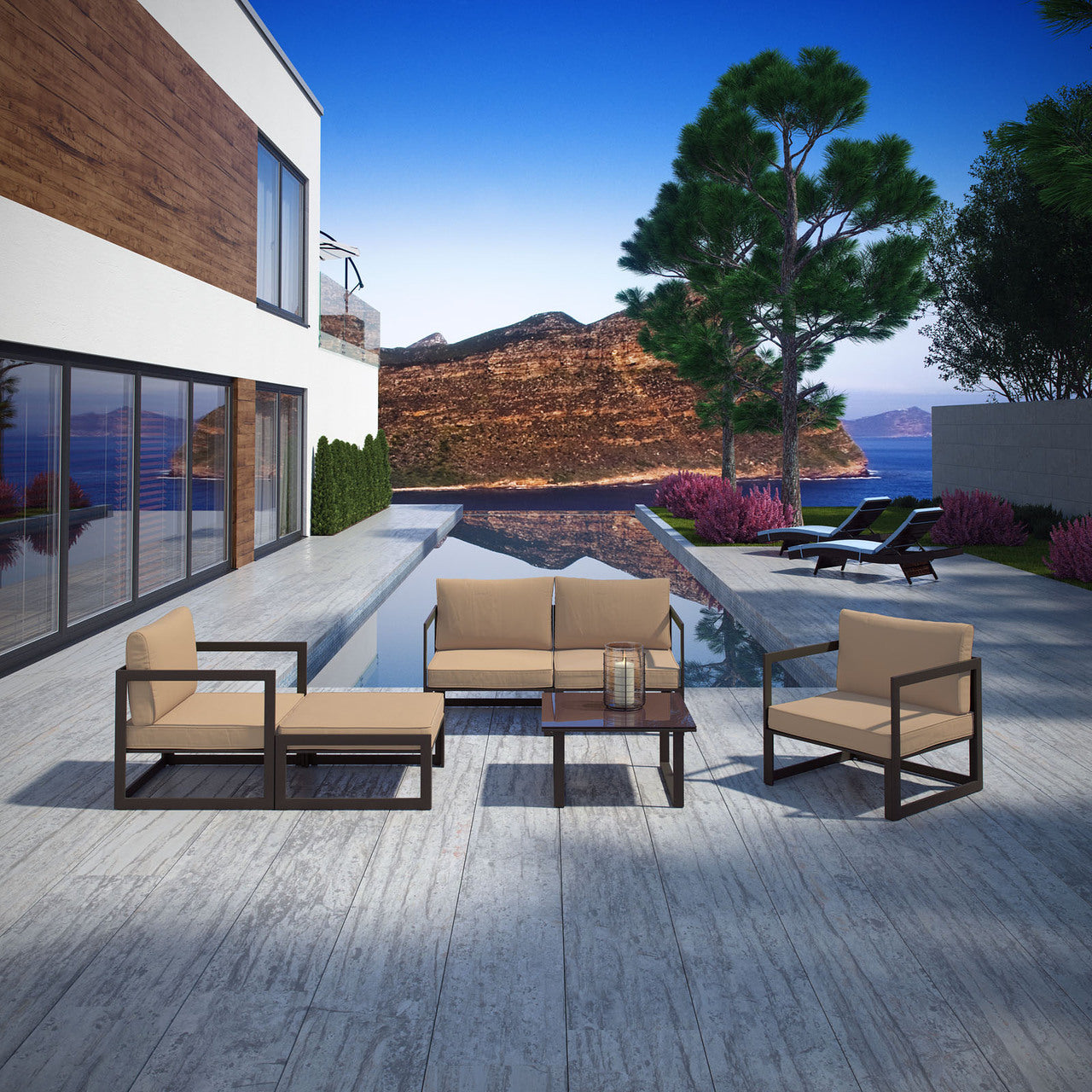 Fortuna 6 Pcs Outdoor Patio Sectional Sofa Set, Brown Fabric Steel