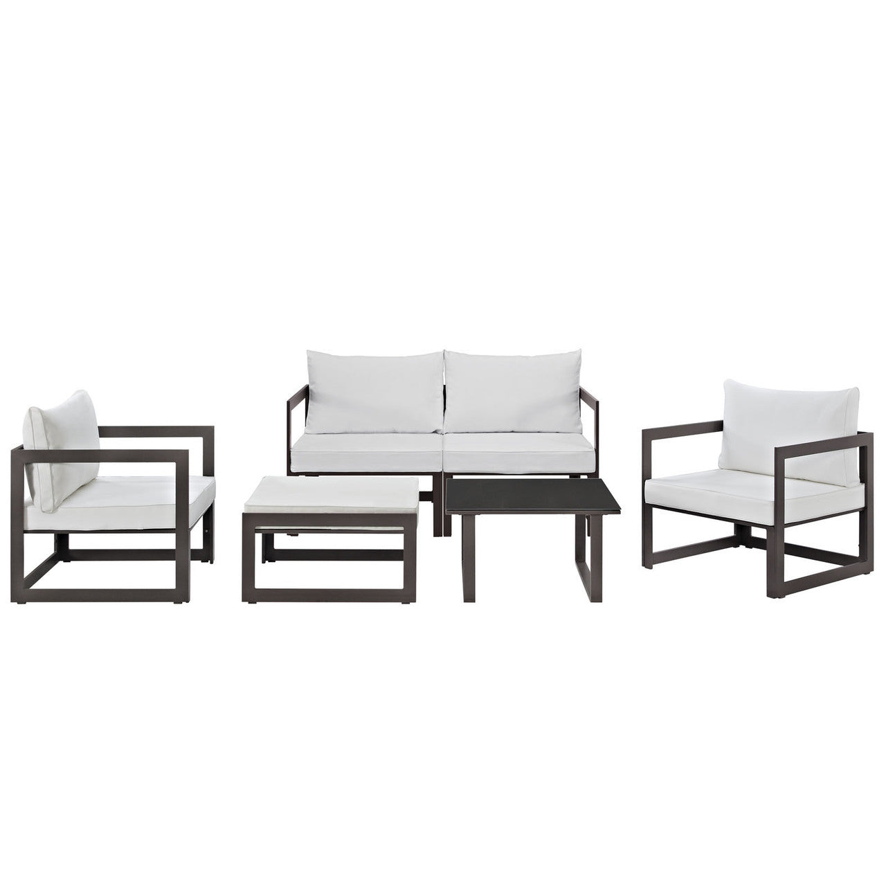 Fortuna 6 Pcs Outdoor Patio Sectional Sofa Set, Brown White Fabric Steel
