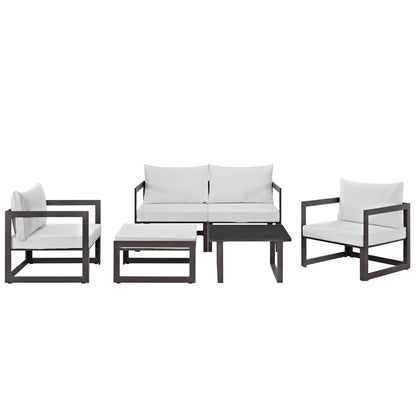 Fortuna 6 Pcs Outdoor Patio Sectional Sofa Set, Brown White Fabric Steel