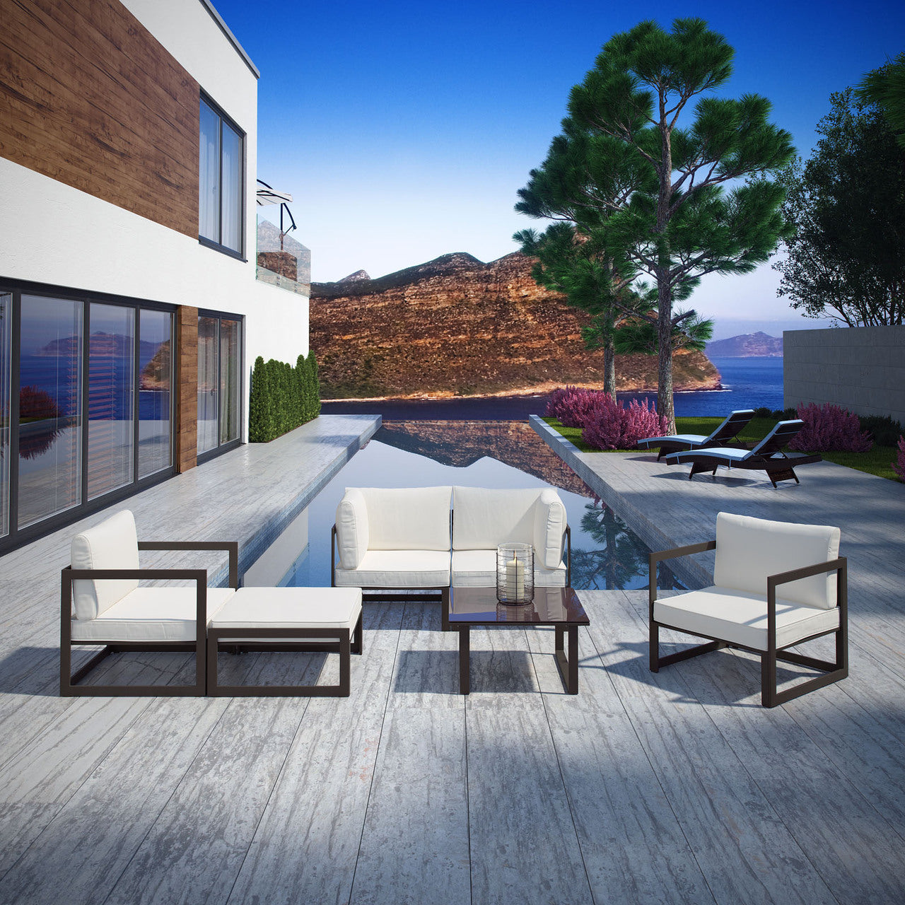 Fortuna 6 Pcs Outdoor Patio Sectional Sofa Set, Brown White Fabric Steel