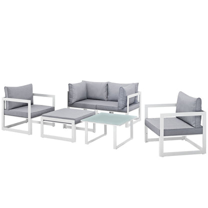 Fortuna 6 Pcs Outdoor Patio Sectional Sofa Set, White Grey Fabric Steel