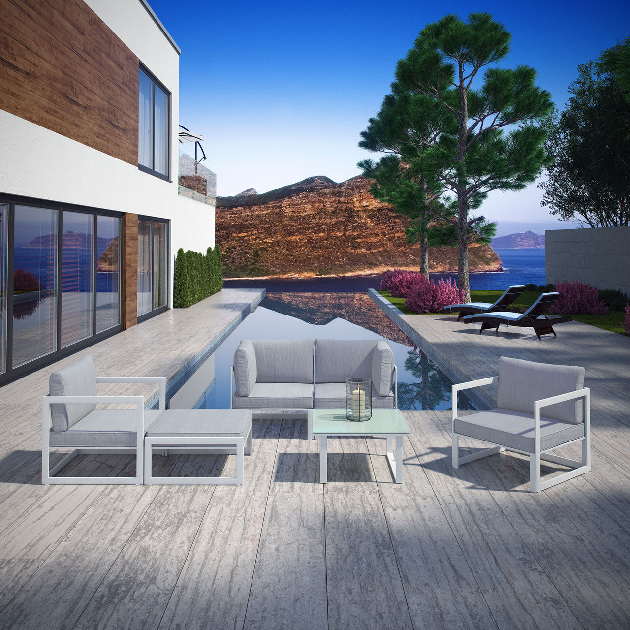 Fortuna 6 Pcs Outdoor Patio Sectional Sofa Set, White Grey Fabric Steel